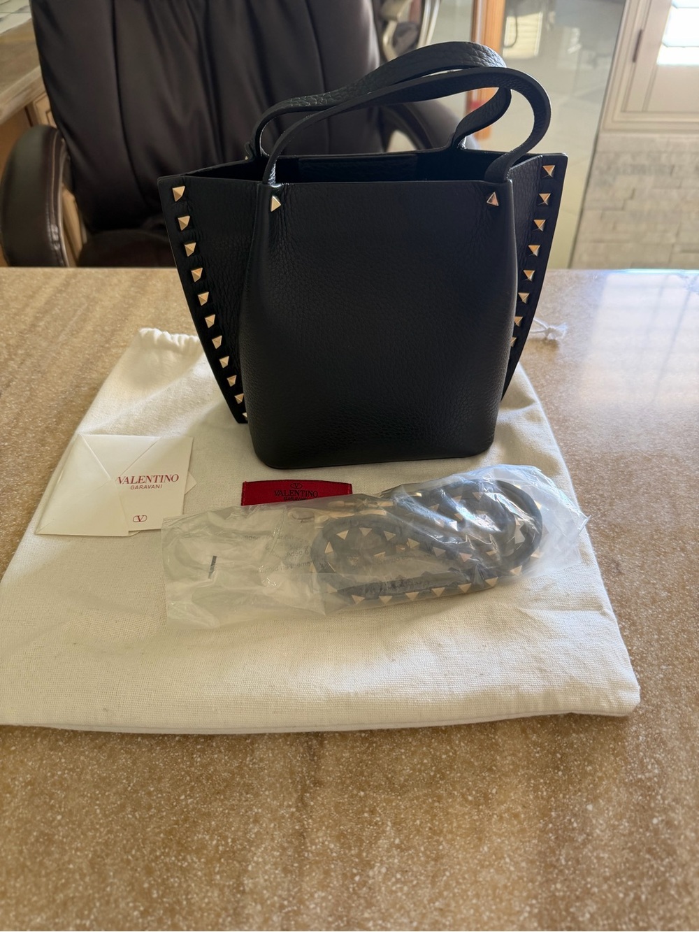 Valentino Black Pebbled Leather Mini Tote with Gold Pyramid Studs